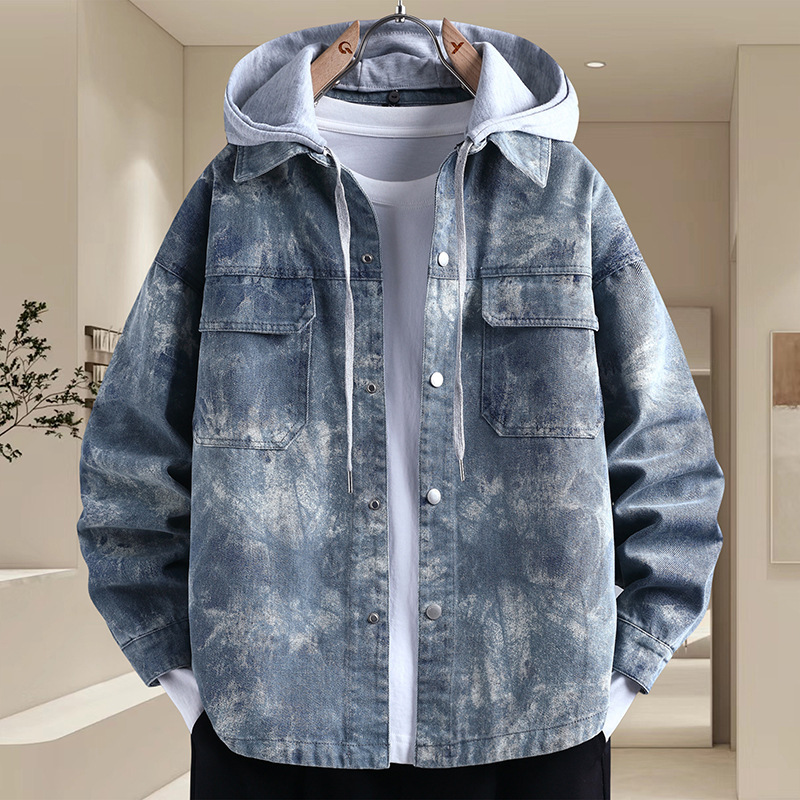 Detachable Hood Denim Jacket for Men, Autumn Trendy Loose Tie-Dye Washed Denim Jacket for Teenagers and Students