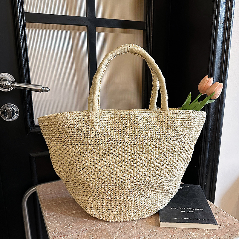 Storage Basket Bag, Rattan Handbag, Woven Shoulder Bag, Handmade Natural Rattan & Seagrass, Leather Trim, Eco-Friendly, Lightweight, Durable For Daily_voghion.com