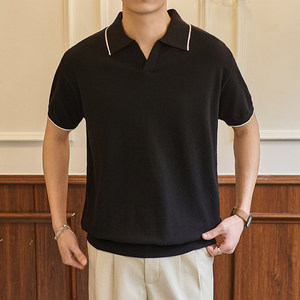 ZF8110-MW  复古拼色翻领OLO衫男夏季薄款休闲针织短袖T恤上衣图片