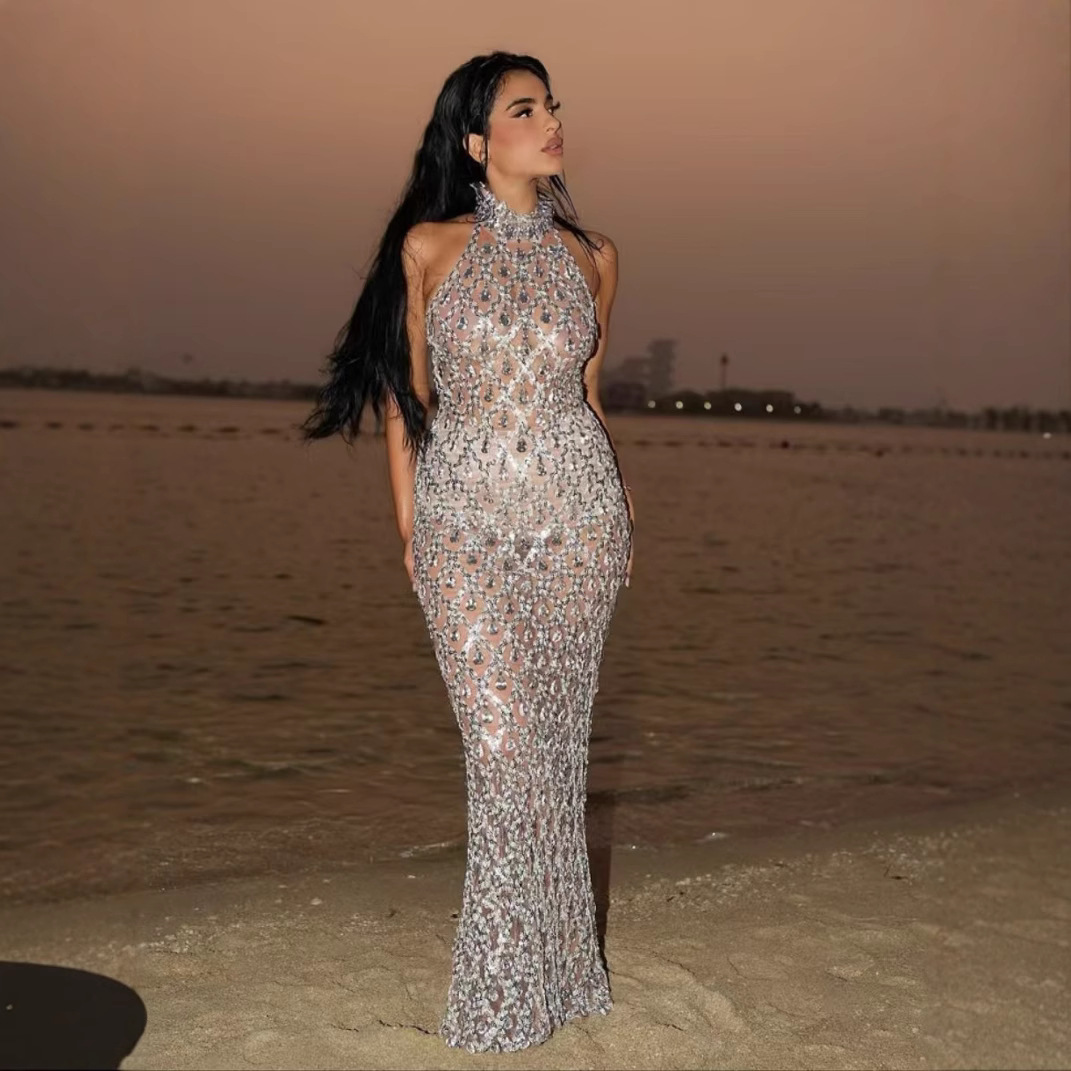 2025 New Cross-border Foreign Trade Women's Sleeveless High Collar Evening Dress Sexy Ball Small Trailing Dress dress