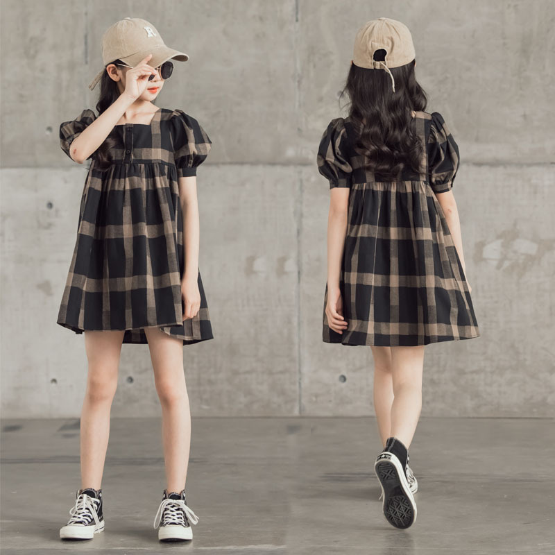 清仓女童连衣裙2022年夏装新款格子连衣裙学院风泡泡袖公主裙
