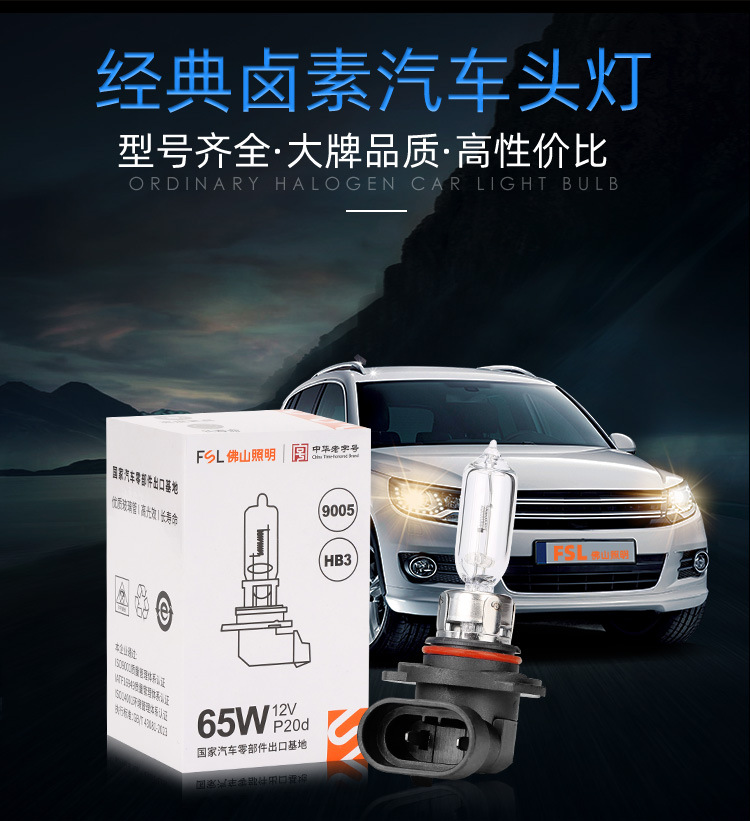 Foshan Lighting 9005 Car Bulb Hb3 65W 100W High Beam Headlight Far and Near Integrated 12V Halogen Bulb