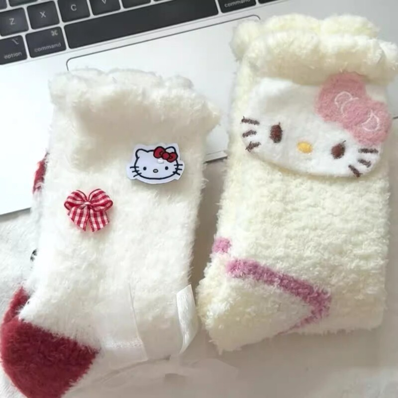 New Ins Cute Kitty Plush Thickeneded Socks Autumn and Winter Warm Cartoon Home Floor Socks Sweet Mid-Calf Socks