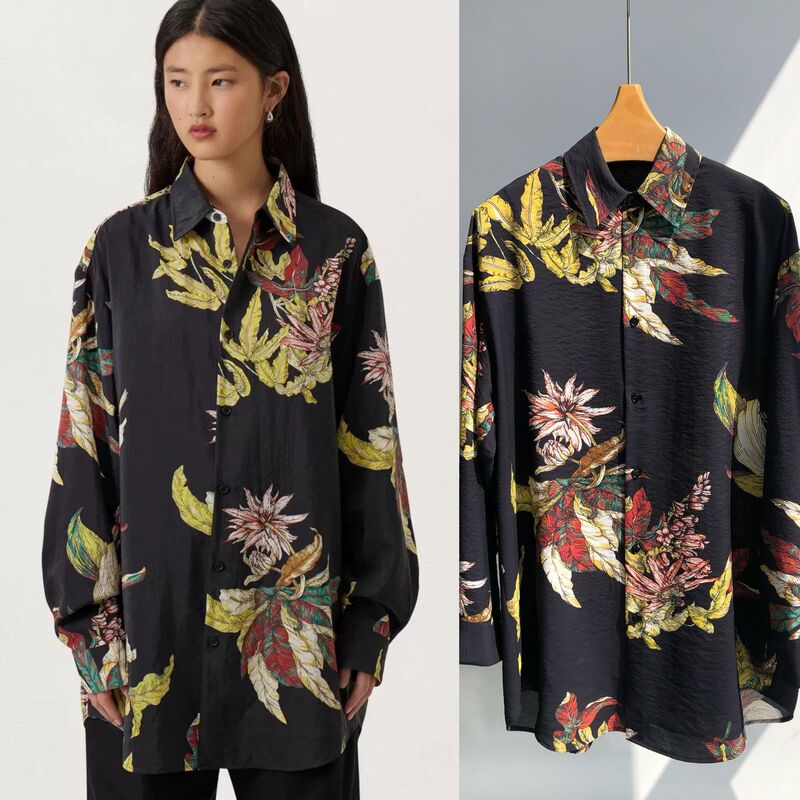 Silk Brocade Print·Niche Design Unisex Style Sand-Washed Texture Relaxed Oversized Printed Silk Shirt Silk Brocade Print·Niche Design Unisex Style Sand-Washed Texture Relaxed Oversized Printed Silk Shirt