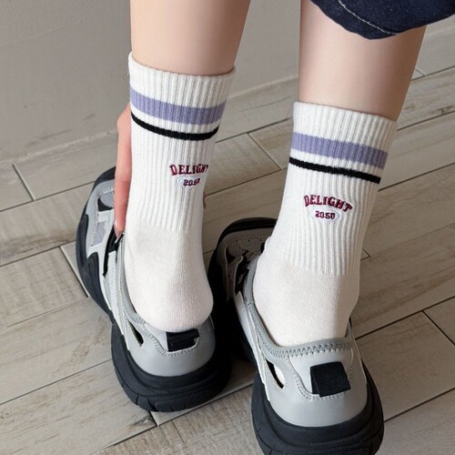 MEKKI boneless socks for women's spring mid-tube socks, cotton socks, heel embroidery stripe women's socks, boneless Korean series pile socks