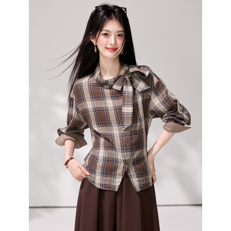2026 Autumn New Maillard Style Bow Tie Collar Design Asymmetrical Placket Long Sleeve Women's Shirt 2026 Autumn New Maillard Style Bow Tie Collar Design Asymmetrical Placket Long Sleeve Women's Shirt