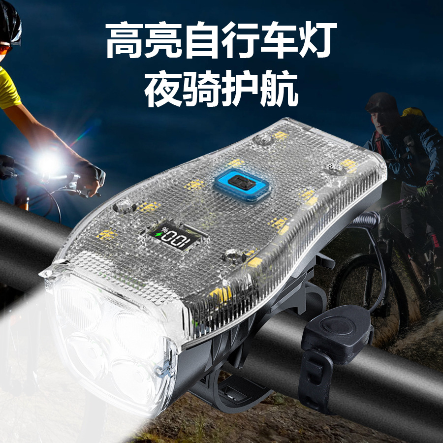 Luz delantera de bicicleta transfronteriza con caja transparente fresca con altavoz de montaje nocturno con pantalla digital Luz de bicicleta multifuncional