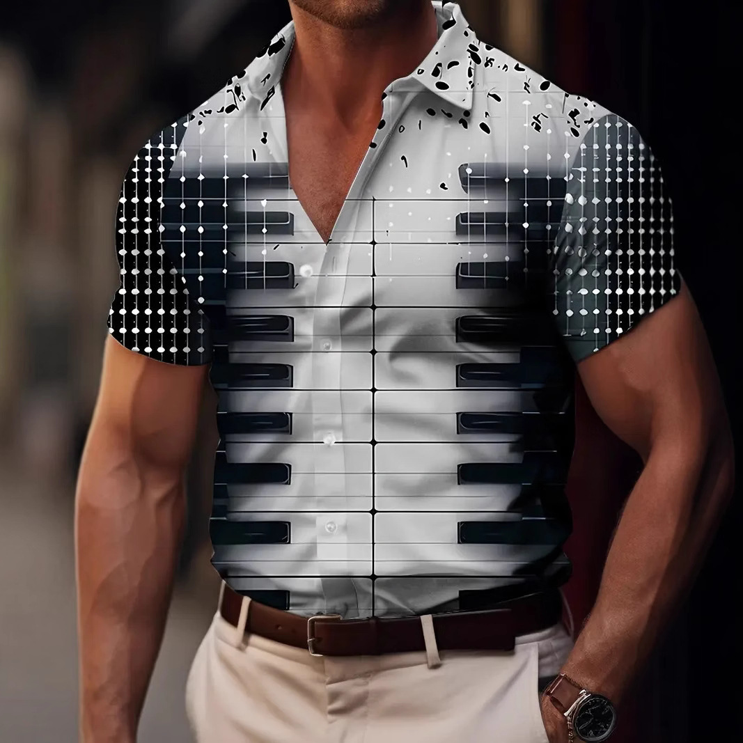 Camisa de manga corta con estampado de nota ancha popular retro de marca de moda europea y americana de verano 2024 para hombres MB1