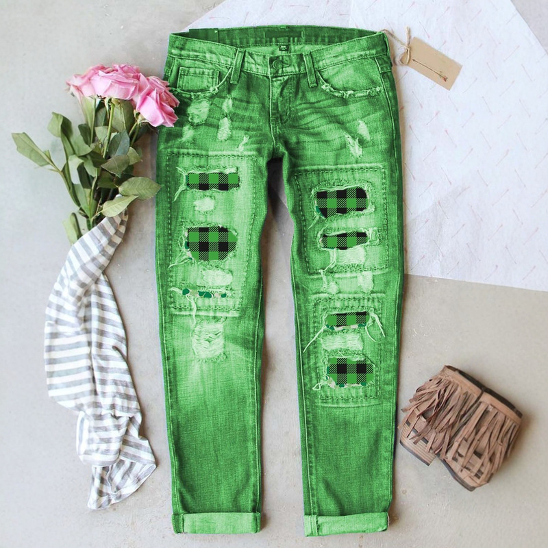 European and American Cross-Border Fashion Clover Print Ripped Skinny Jeans Women's St. Patrick's Day Cotton Jeans