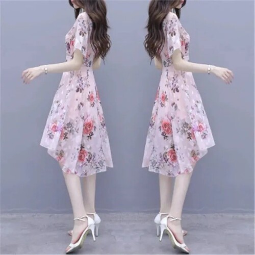 Mother's dress for summer, women's short-sleeved, waist-cinching, age-defying, printed, long-length, large skirt