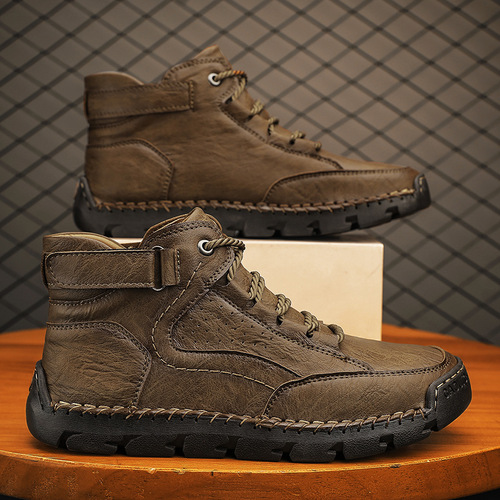 Popular large size men's leather boots, men's fashionable hand-sewn ankle boots, flat lacing casual shoes