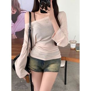 [Original Quality] Pure Lust Style Sun Protection Blouse Long-Sleeved T-Shirt Women's Summer New Sexy Off-Shoulder Top Nshm