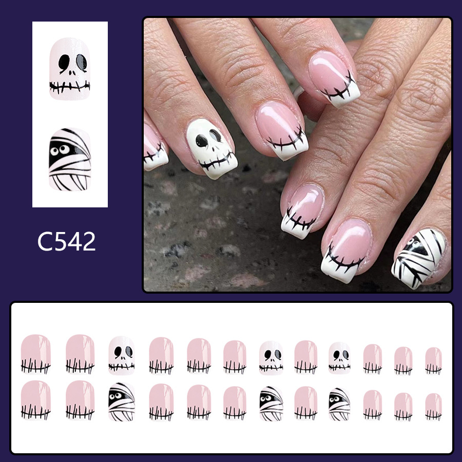 Short Giny Square Armor Halloween Thriller Skull Mummy Light Powder Wear Nail Pieces 2024 New 24 Pieces_voghion.com