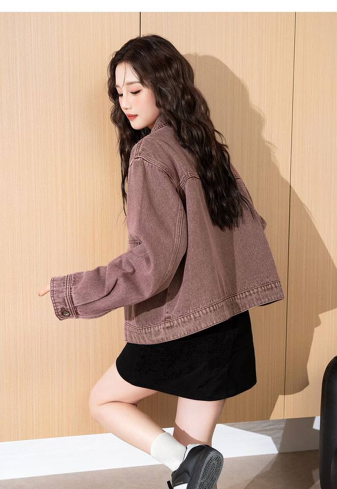 Áo khoác denim nữ cổ bẻ dáng rộng phong cách retro, giặt mài, dài tay, dáng ngắn — Màu tím chi tiết 6