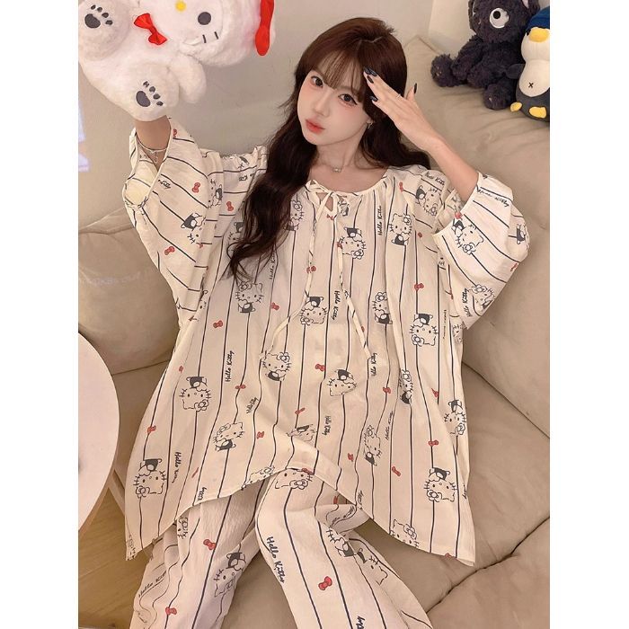 Pijamas de algodón nubes al por mayor transfronterizos de primavera y otoño de cuello redondo hoodie de mangas largas pantalones dulces y sueltos ropa para el hogar cómoda