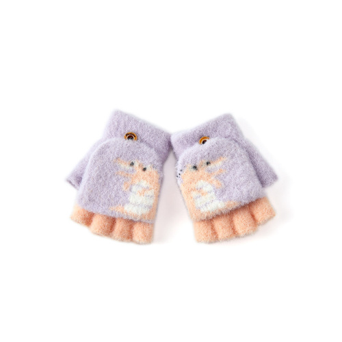 Children's winter warm gloves for boys and girls, half-finger flip cover cartoon cute small dinosaur finger gloves for babies aged 2-6 years old