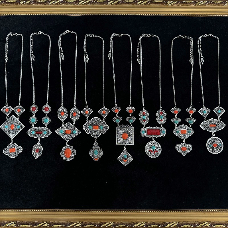 Монгольский элемент украшения инкрустированный сосновый камень резной филигранный национальный ветер кулон ожерелье ретро повседневный дикий