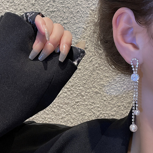 925 silver needle exquisite full diamond long tassel earrings for women ins fashion light luxury niche internet celebrity same style bow earrings