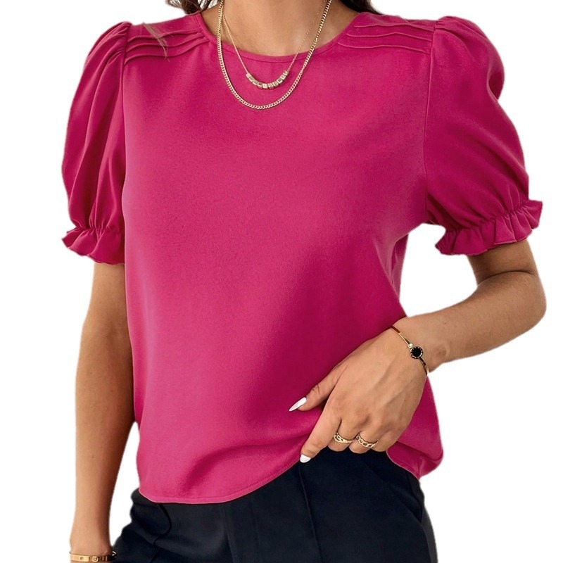 Camiseta de Cuello Redondo de Color Sólido, Elegante y a la Moda, para Mujer, Estilo Europeo y Americano, Nueva Colección Verano 2026, Amazon TikTok Temu image 7