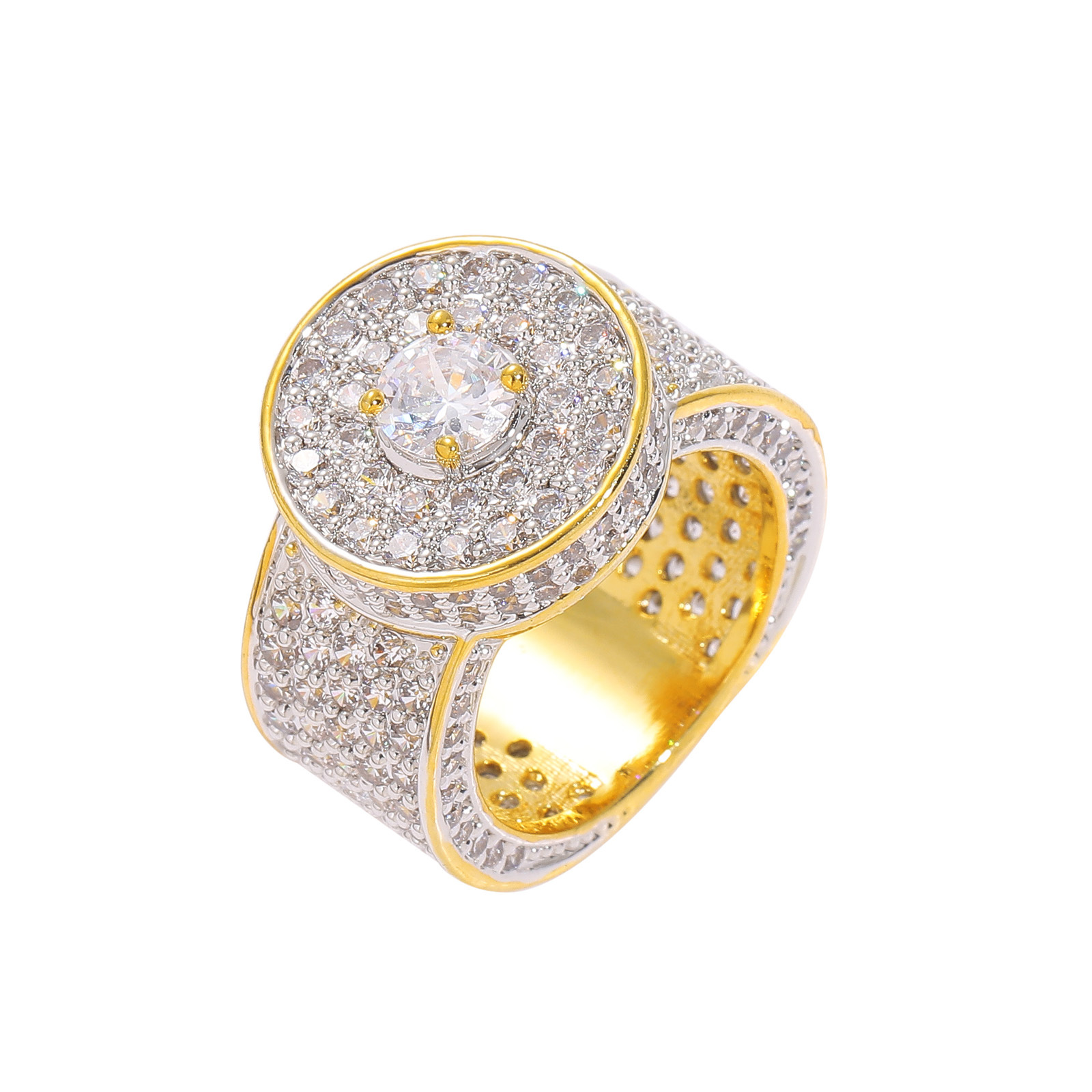 Cross-border supply European and American hip hop men's classic big diamond gold ring real gold plating micro inlaid zircon hip hop ring