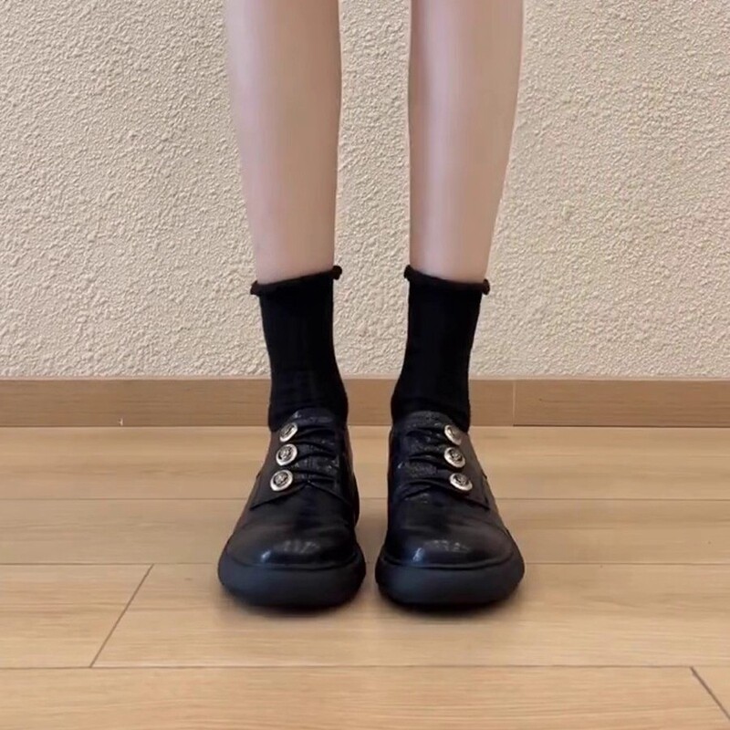 牛皮版~厚底纽扣松紧乐福鞋圆头复古学院风小皮鞋女深口粗跟单鞋|undefined