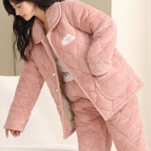 女士三层加厚珊瑚绒夹棉睡衣秋冬季法兰牛奶绒保暖棉袄家居服套装