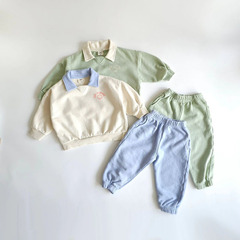 新品韓版ins風男女寶嬰幼童春秋衣服分體卡通笑臉印花翻領褲套裝