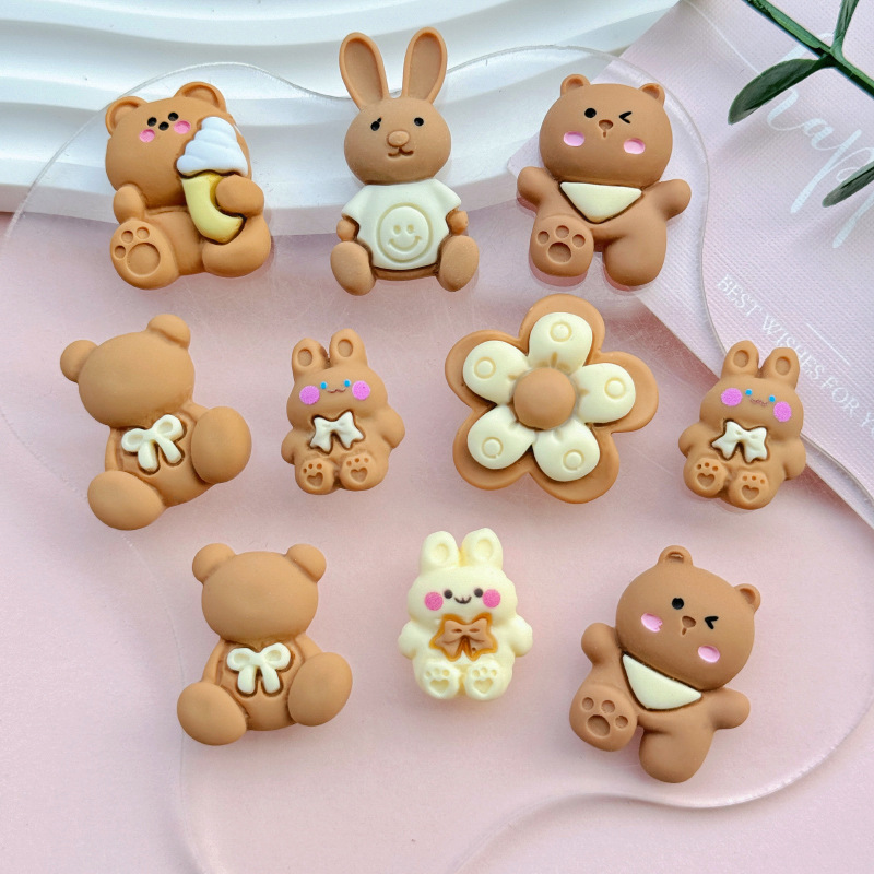 Curry esmerilado oso conejo resina diy accesorios joyería caja de teléfono móvil agujero zapatos agujero parches clip para el pelo material de joyería para el pelo