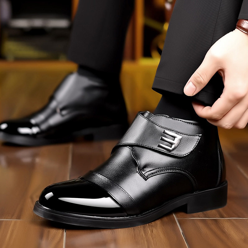 Giày bốt cổ cao nam da PU lót lông cừu giữ ấm, khóa dán tiện lợi, đế bệt — 5829 màu đen