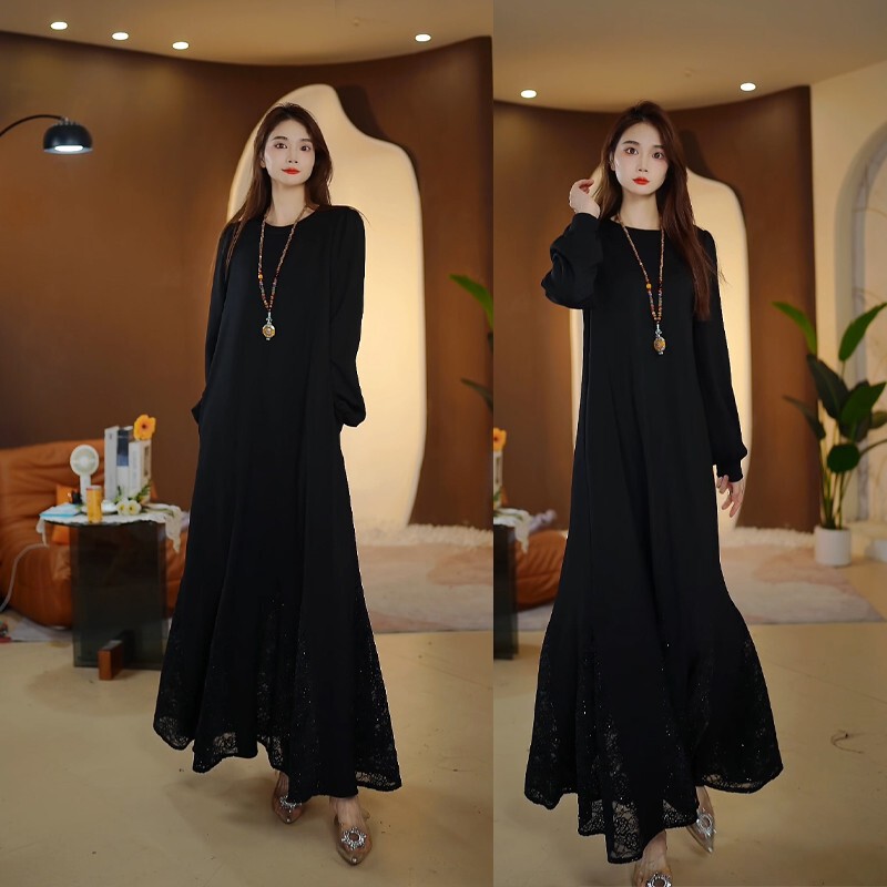 E-61313 # Elegant and stylish long dress for tall women with a high-end feel, featuring a spliced hem that conceals the belly E-61313 # Elegant and stylish long dress for tall women with a high-end feel, featuring a spliced hem that conceals the belly
