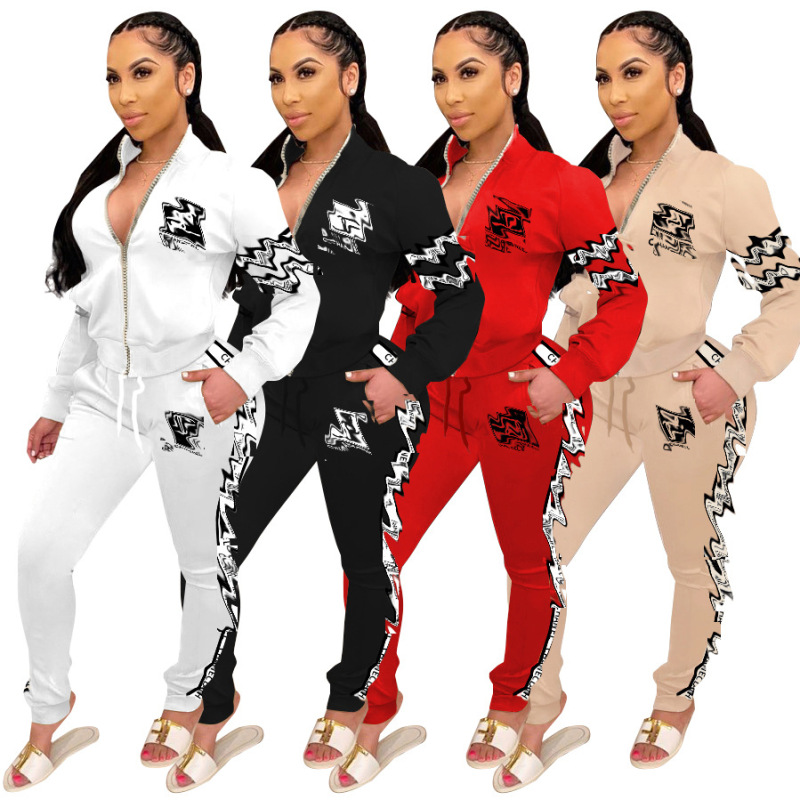 Women's 2022 Winter New Elegant Fashionable Printed Trousers Long Sleeve Zipper Thick Jacket Set
