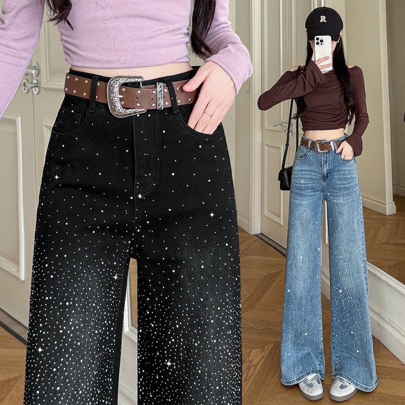 Glitzernde Strass-Jeans mit hohem Bund und ausgestelltem Bein für Damen – Stretch-Palazzo-Hose mit weitem Bein und bequemer Passform_voghion.com