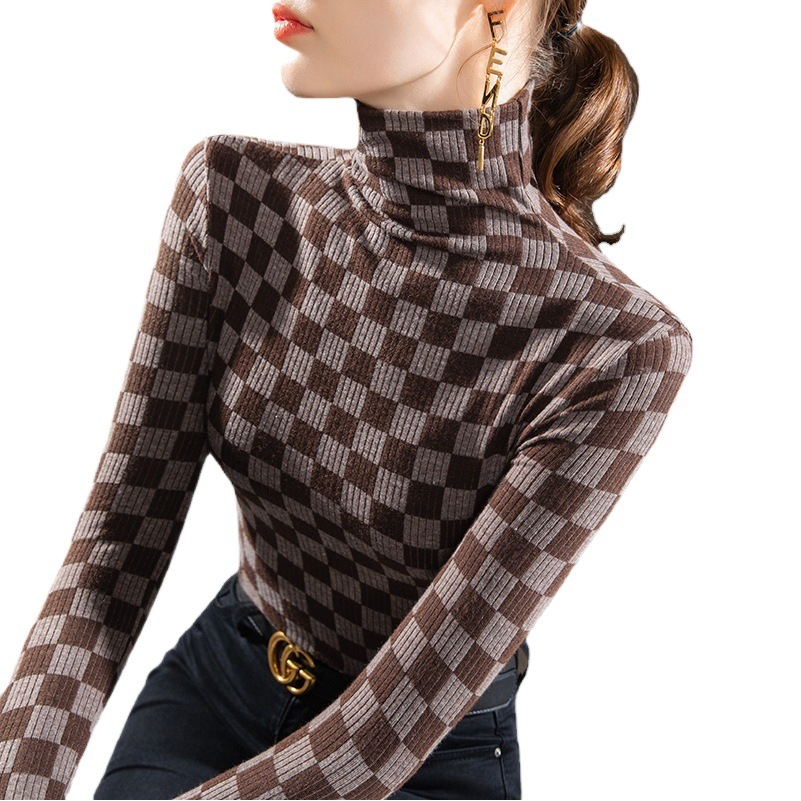 Camisa de mujer cuello alto cepillado 2022 nueva camiseta de manga larga estampada a cuadros de mujer cálida Cintura interior ajustada superior