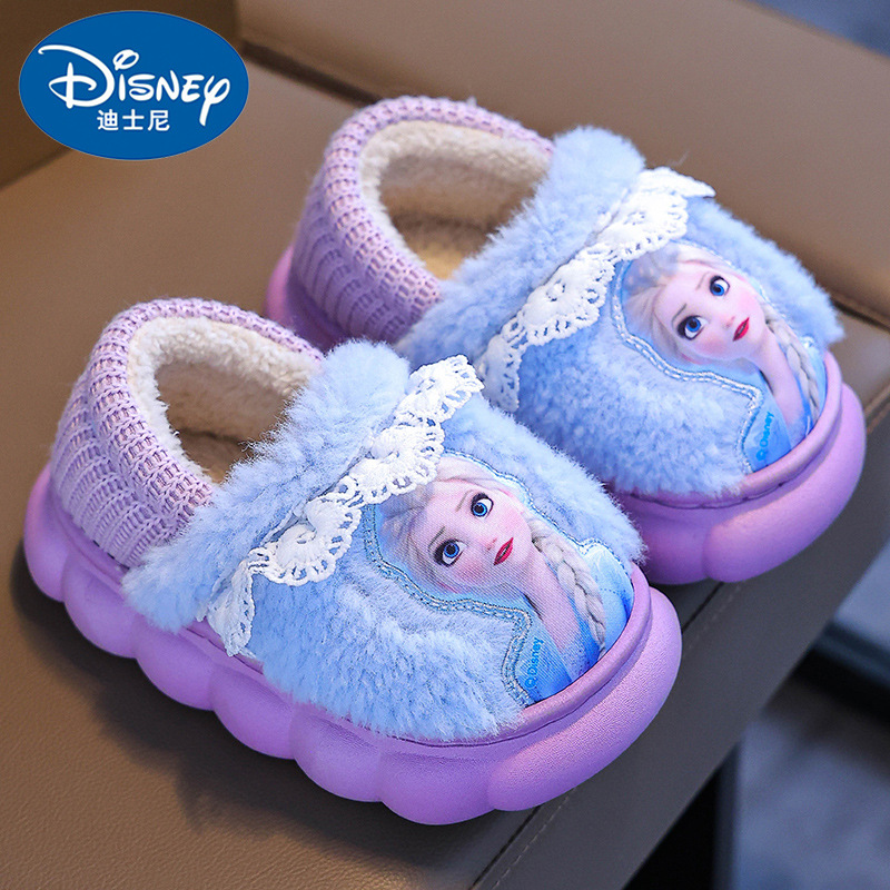 Bolsos de invierno de niñas zapatos de algodón cálidos peluche casa princesa Elsa zapatillas de algodón de espesor para niños