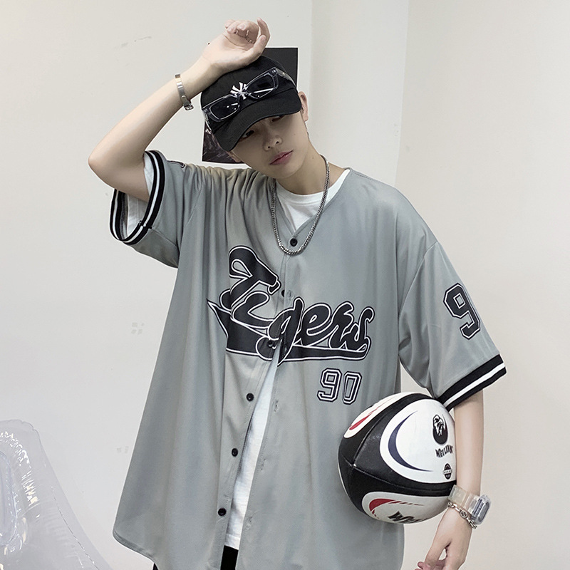 Cardigan Printed Short-Sleeved T-Shirt for Men and Women Summer Ins Hong Kong Style Retro Baseball Uniform Shirt Loose Half-Sleeved T-Shirt