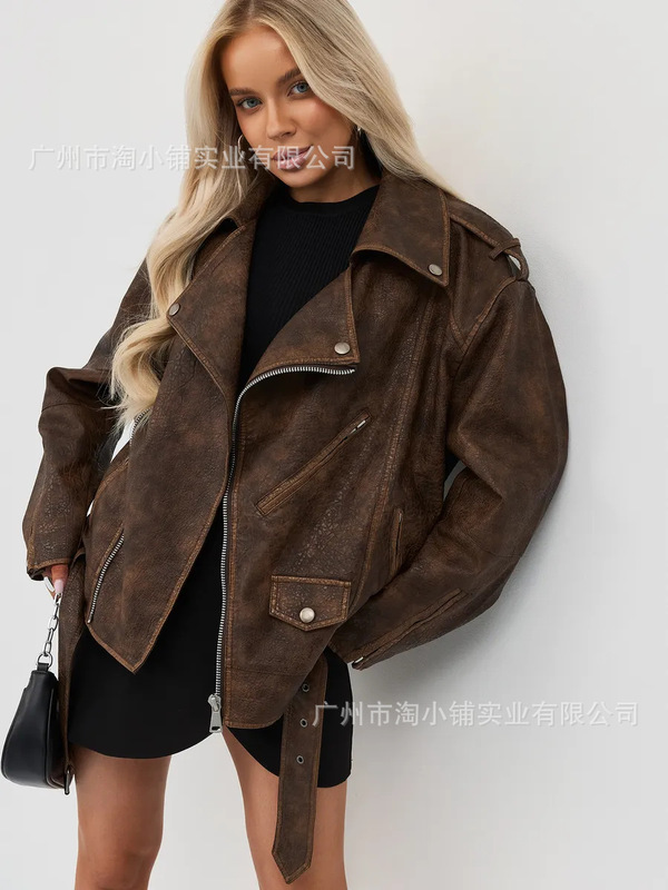 新 2025 新しい女性のヨーロッパとアメリカンスタイルの模造革ルーズシルエットエポレットバイカージャケットショートベルトジッパージャケット|undefined