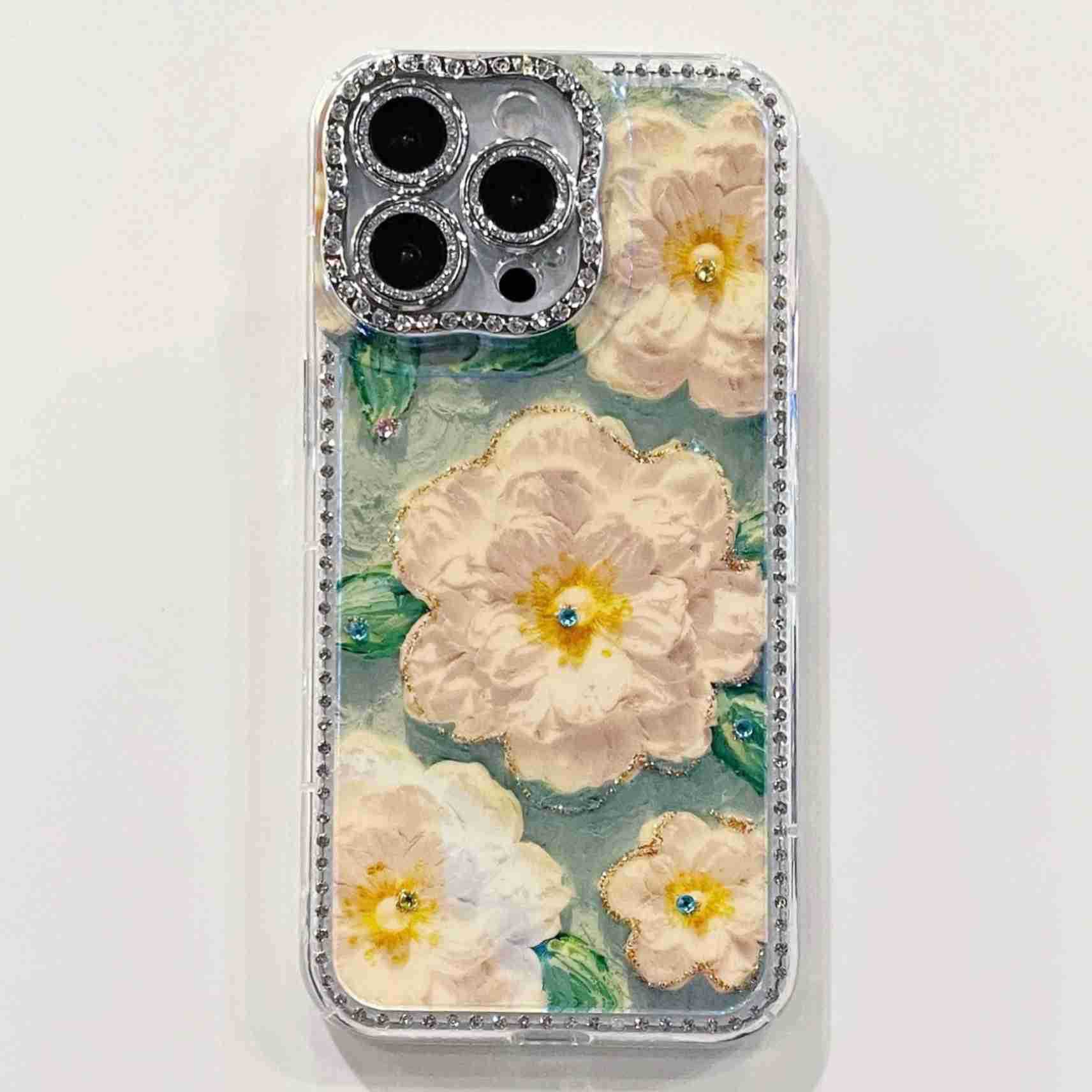 Pintura al óleo retro Flor de brillo 16ProMax Diamante 14 Funda para teléfono móvil Apple 15 Nuevo estilo 13 Blu-ray 16 Mujer