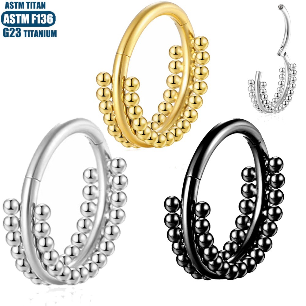 F136 Titanium Alloy Nose Ring Implant Grade Seamless Ring Double Row Solder Ball Hinge Perforated Cartilage Ring Zircon Earrings detail image 7