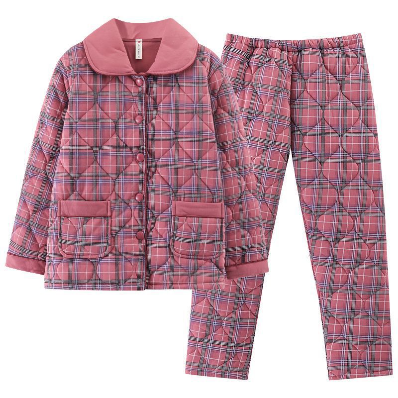 100% algodón engrosado de tres capas de las mujeres acolchadas de otoño e invierno pijamas estilo occidental simple traje de desgaste para el hogar