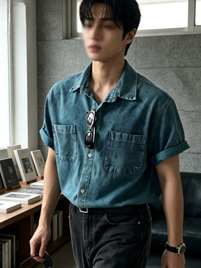 【Factory Direct】Vintage Style Washed Denim Shirt for Men, Summer Loose Fit Turn-Down Collar Short Sleeve Shirt, Korean Style for the Modern Man 【Factory Direct】Vintage Style Washed Denim Shirt for Men, Summer Loose Fit Turn-Down Collar Short Sleeve Shirt, Korean Style for the Modern Man