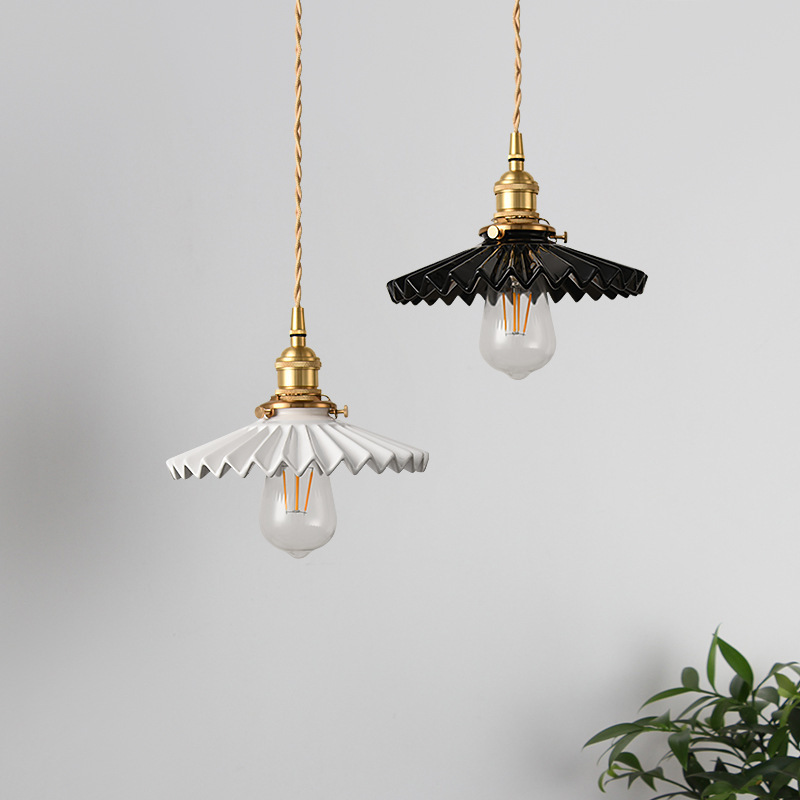 Nordic White Pleated Ceramic Chandelier Japanese Style Restaurant and Homestay Bed Counter Bedside Bedroom Living Room Vintage Brass Wall Lamp