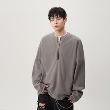美式纯色半拉链坑条2025春秋季长袖T恤男宽松情侣潮牌打底衫上衣