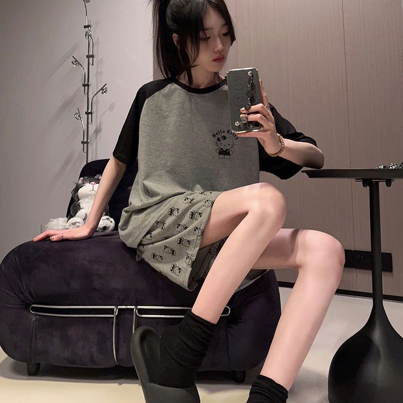 2025 新しいパジャマ女性の夏の半袖ショーツ漫画ファット mm 大きいサイズ夏の女性のホームウェアツーピーススーツ|undefined