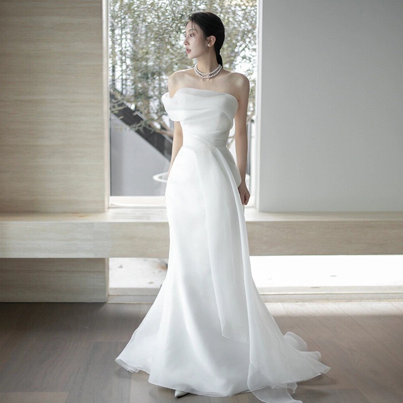 French-Style Off-Shoulder Strapless Light Wedding Dress, Super Fairy-Like, Simple and Elegant White Gown, Mermaid Tail, Cross-Border Wholesale