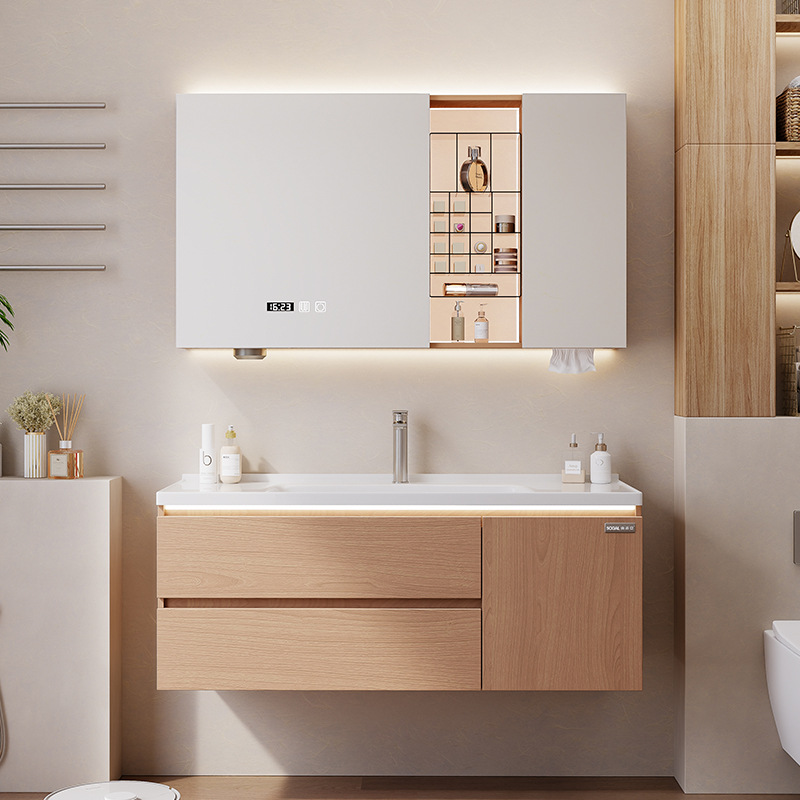 Hangzhou Yida Walnut Color Simple Modern One-Piece Ceramic Basin Bathroom Cabinet Combination with Beauty Rack Wash Basin