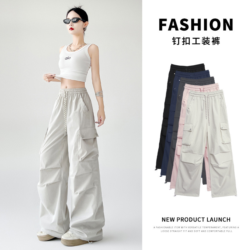American-Style Quick-Dry Buttoned Cargo Wide-Leg Pants for Women, Summer Thin Loose High-Waisted Parachute Two-Way Sports Pants
