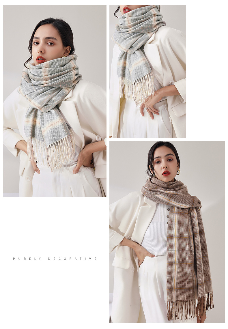 2024 Fashion Checkered Scarf New Cashmere Scarf Women's Sweet Shawl Warm Woven Tassel Autumn And Winter Scarf_voghion.com