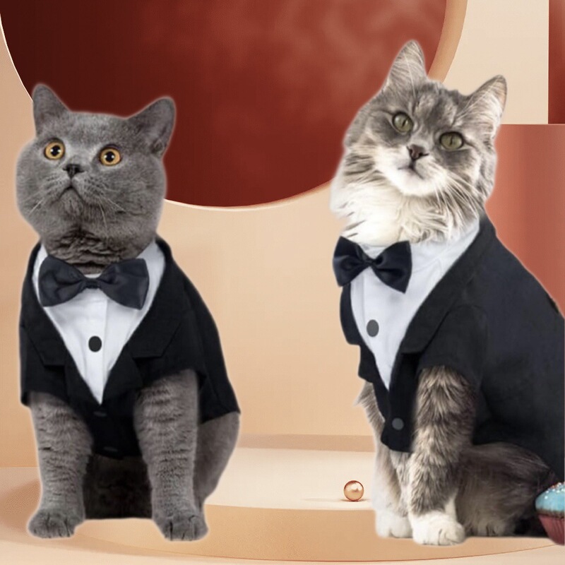 Pet Cat Tuxedo Suit, Kitten Shirt, Wedding Dress with Bow Tie, Formal Wedding Cat Dress