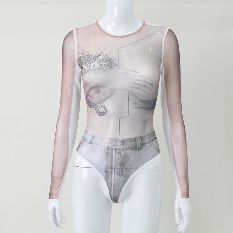 Venta caliente transfronteriza europea y americana ropa de mujer malla sexy perspectiva personalidad impresión tendencia de la moda delgada chica caliente mono mujer image 8