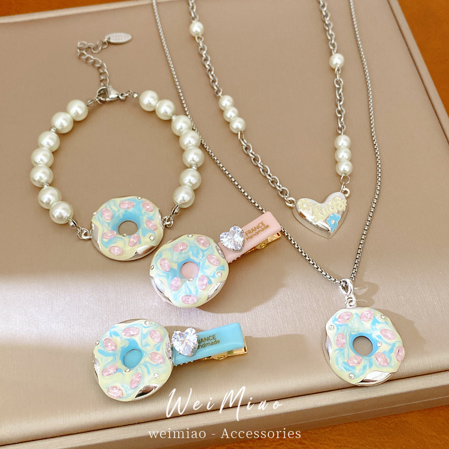 Zircon goteo de amor donut doble collar de perlas ligero lujo nicho cadena de clavícula adorable conjunto de joyas de moda image 1
